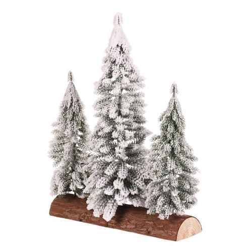 Smrk na špalku - trojice, mini, 34 cm, zelená, zasněžená