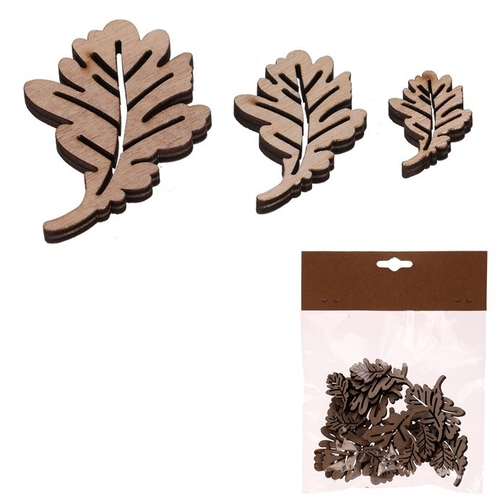 Dubové lístky - dřevěné, přírodní, mix 3 vel., cena za balení (18 ks)