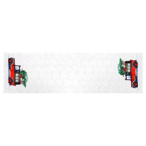 Běhoun bílý - okraje s vánočním autem, 100% polyester, 40 x 150 cm