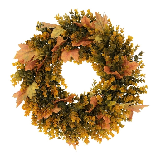 Věnec umělý - pr 40 cm, eukalyptus a javorové listy, oranžovo-zelený