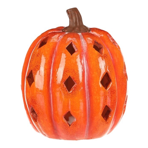 Dýně s otvory - keramika, LED osvětlení, oranžová