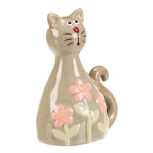 Kočka - keramická figurka, dekor květin, vel. S, zelená