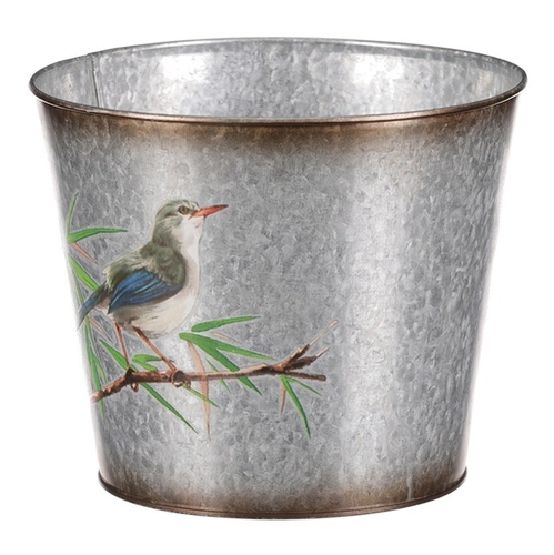 Kovový obal na květiny, design s ptáčky.