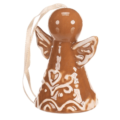 Zvonek perníkový - keramika, tvar anděl, závěsný, hnědý