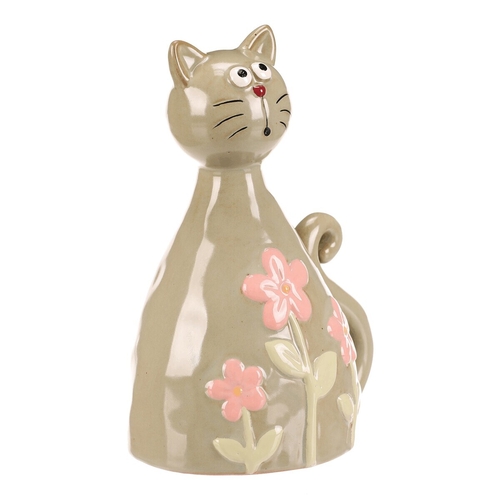 Kočka - keramická figurka, dekor květin, vel. L, zelená