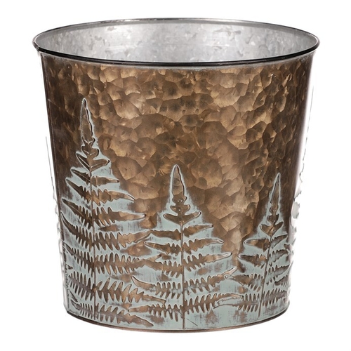 Obal z kovu na květiny, v  měděné barvě s kapradím.