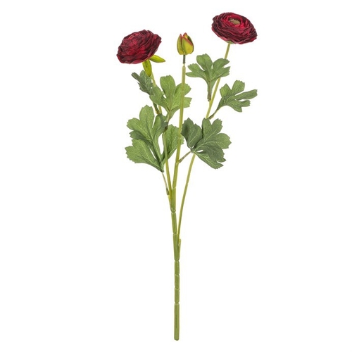 Ranunculus - umělý řezaný, 2 květy a poupě, tmavě červený