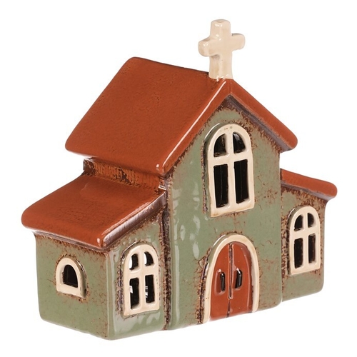 Domeček keramický - kostelík, na čajovou svíčku, zelený