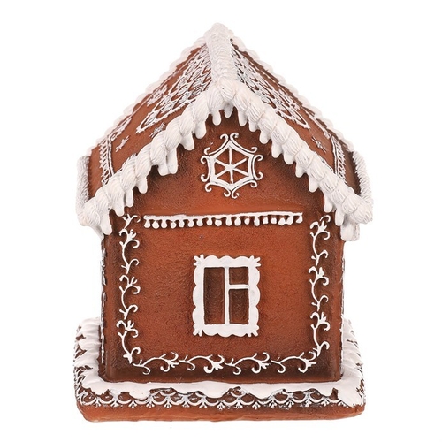 Domeček perníkový - polyresin, LED osvětl., hnědý s bílým zdobením