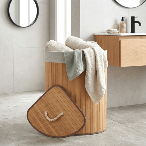 Koš prádelní - bambusový, rohový s víkem, přírodní