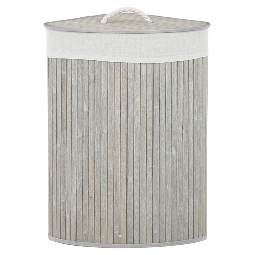 Koš prádelní - bambusový, rohový s víkem, šedý