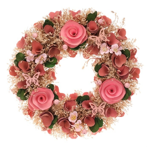 Věnec slaměný - pr. 30 cm, mini vajíčka a růžové květy