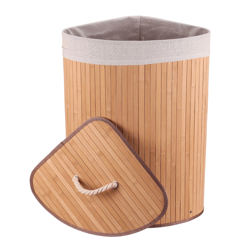 Koš prádelní - bambusový, rohový s víkem, přírodní