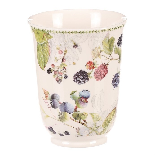Hrneček v dárkové dóze - porcelán, bílý s lesními plody