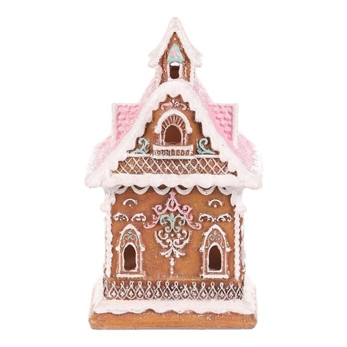 Domeček perníkový - polyresin, LED osvětl., hnědý s barevným zdobením