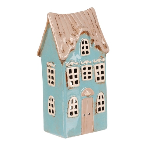 Domeček keramický - patrový, na čajovou svíčku, sv. modrý