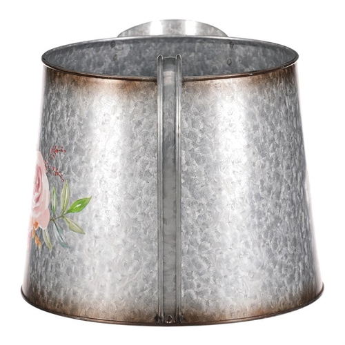 Kovový obal na květiny, tvar konve. Design s růžemi.