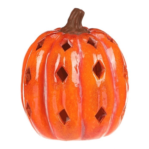 Dýně s otvory - keramika, LED osvětlení, oranžová