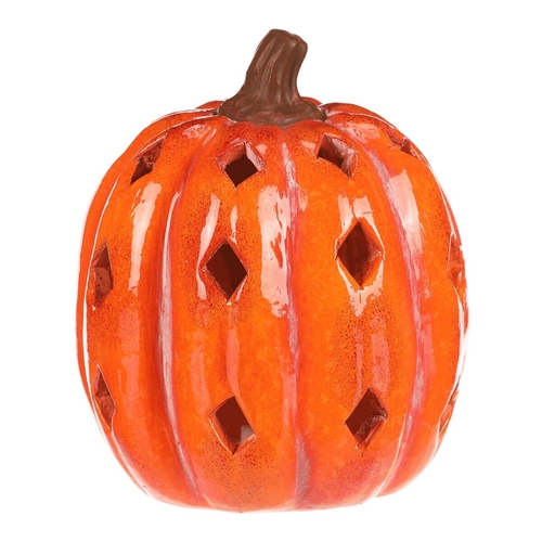 Dýně s otvory - keramika, LED osvětlení, oranžová