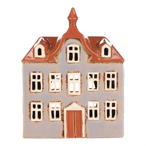 Domeček keramický - radnice, na čajovou svíčku, sv. modrý