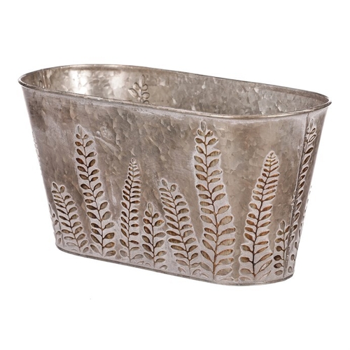 Truhlík z kovu na květiny, v tmavě krémové barvě s kapradím