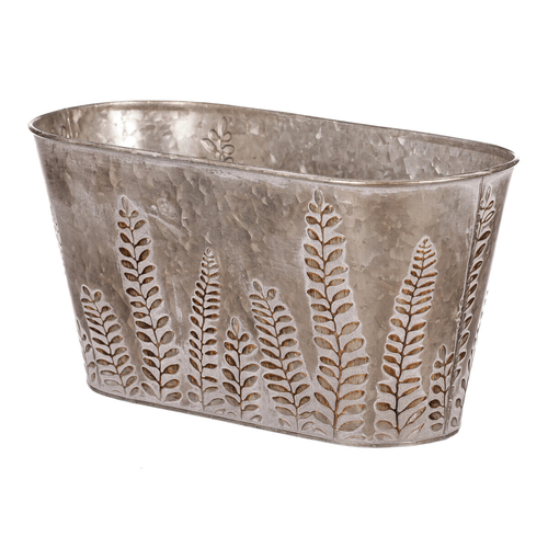 Truhlík z kovu na květiny, v tmavě krémové barvě s kapradím