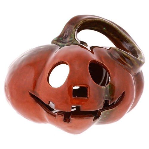 Dýně keramická - s obličejem, na svíčku, tmavě oranžová