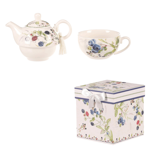 Konvička se šálkem - dárkový set v krabičce, porcelán, bílý s lesními plody