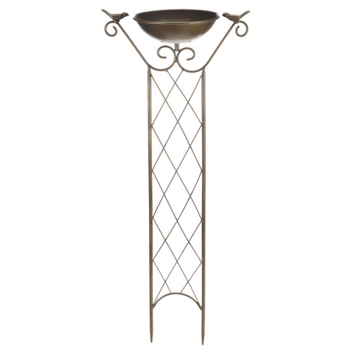 Krmítko/pítko - kovový zápich, mřížka, miska s ptáčky, měděné