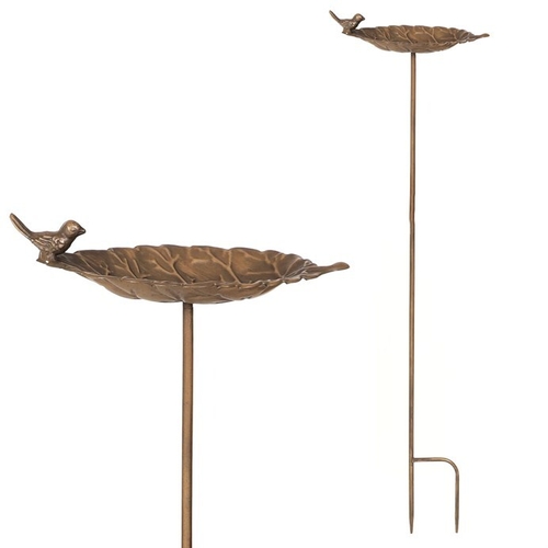 Krmítko/pítko - kovový zápich, list s ptáčkem, měděné