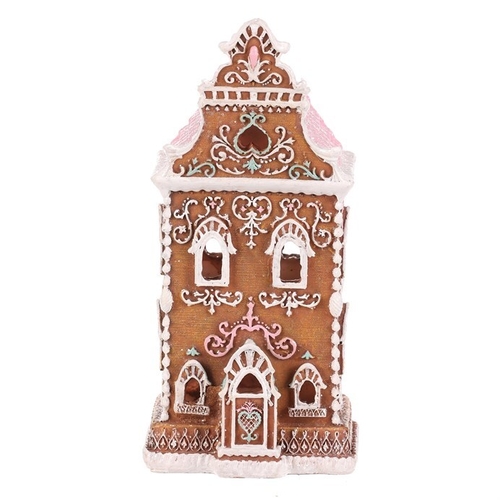 Domeček perníkový - polyresin, LED osvětl., hnědý s barevným zdobením