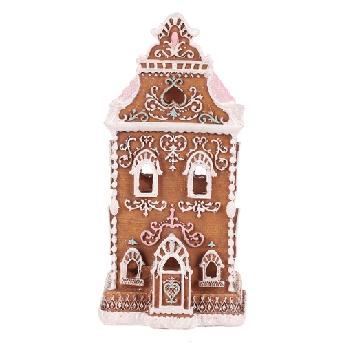 Domeček perníkový - polyresin, LED osvětl., hnědý s barevným zdobením