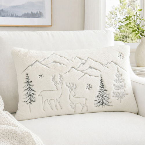 Polštář s výplní - umělá kožešina, zimní, bílo-zelený, 100% polyester, 50 x 30 cm