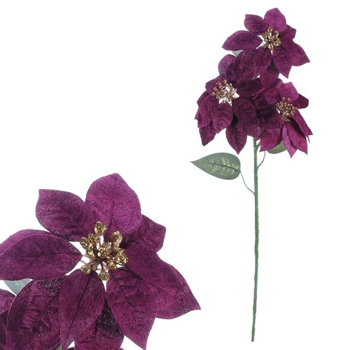 Vánoční růže - umělá řezaná, 3 květy, zlatý střed, fialová