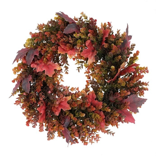 Věnec umělý - pr. 40 cm, eukalyptus a javorové listy, červeno-zelený