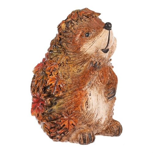 Ježek s barevnými lístky - polyresin, stojící, oranžovo-hnědý