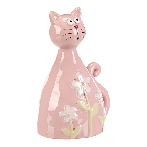 Kočka - keramická figurka, dekor květin, vel. L, růžová