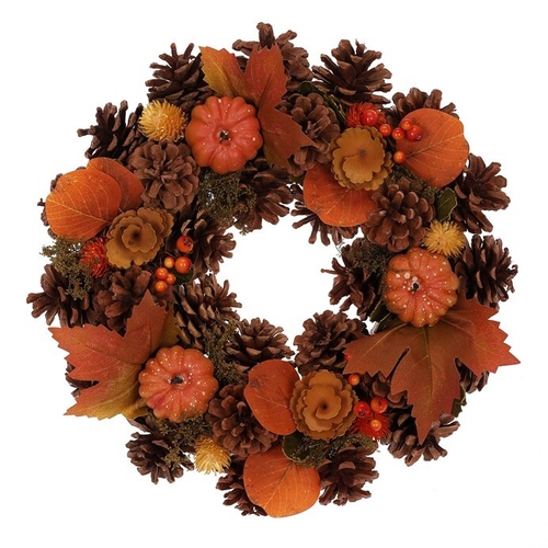 Věnec se šiškami - pr. 34 cm, bobule, oranžové dýně a listí