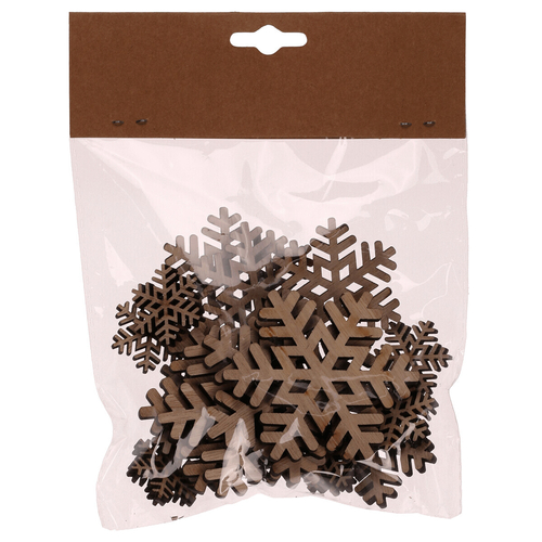 Sněhové vločky - dřevo, mix 3 vel., přírodní b., cena za balení (18 ks)
