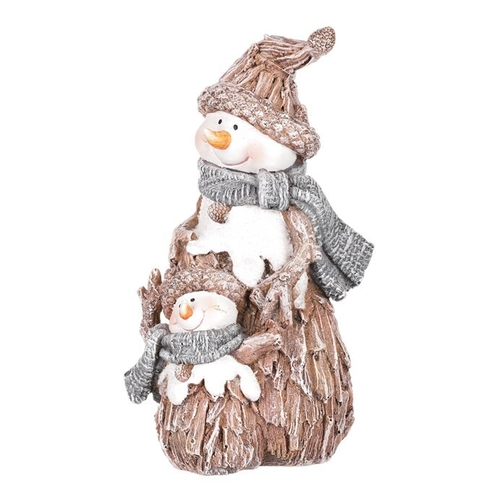 Sněhulák s malým - figurka z polyresinu, imitace dřeva