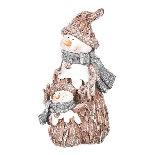 Sněhulák s malým - figurka z polyresinu, imitace dřeva