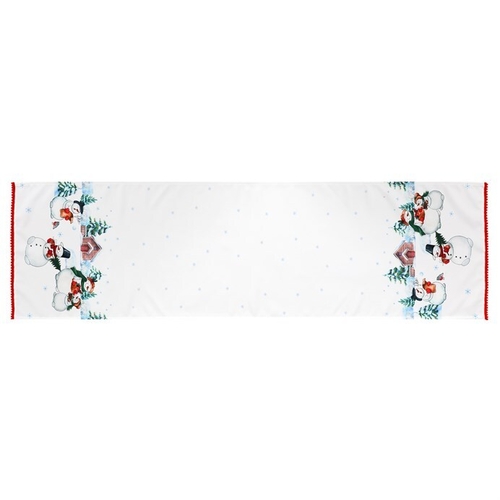 Běhoun bílý - se sněhuláky na okrajích, 100% polyester, 40 x 150 cm