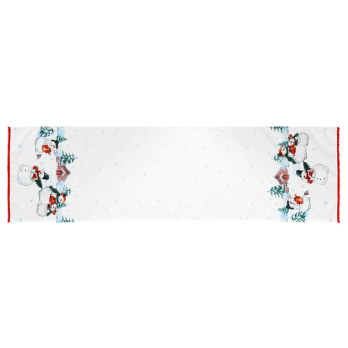 Běhoun bílý - se sněhuláky na okrajích, 100% polyester, 40 x 150 cm