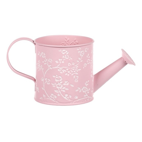 Obal kovový - konev, v růžové barvě s bílými růžemi