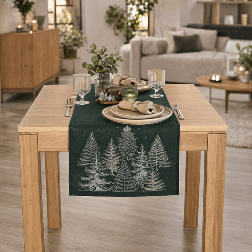 Ubrus - běhoun, zasněžené stromy, zelený, 100% polyester, 40 x 140 cm