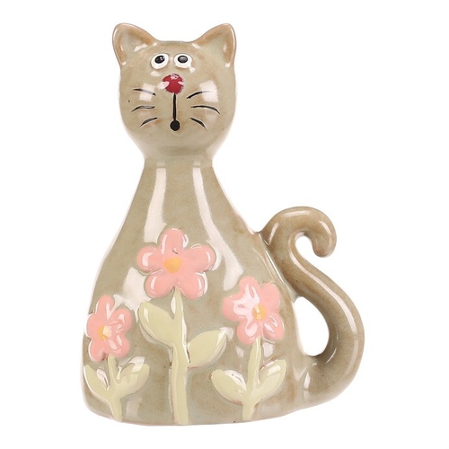 Kočka - keramická figurka, dekor květin, vel. S, zelená