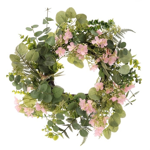 Věnec umělý - pr. 50 cm, zeleň a růžové květy