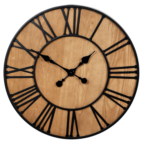 Hodiny nástěnné - pr. 60 cm, kov a MDF s jasanovou dýhou