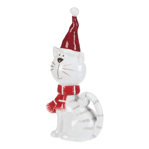 Kočka se šálou - keramická figurka, vel. L, červeno-bílý