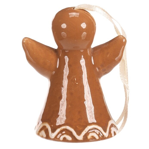 Zvonek perníkový - keramika, tvar anděl, závěsný, hnědý